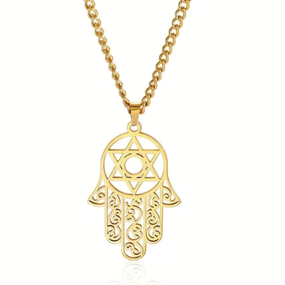 Hamsa aka Hand Of Fatima + Star Of David inset Pendant Necklace - Picture 2 of 7